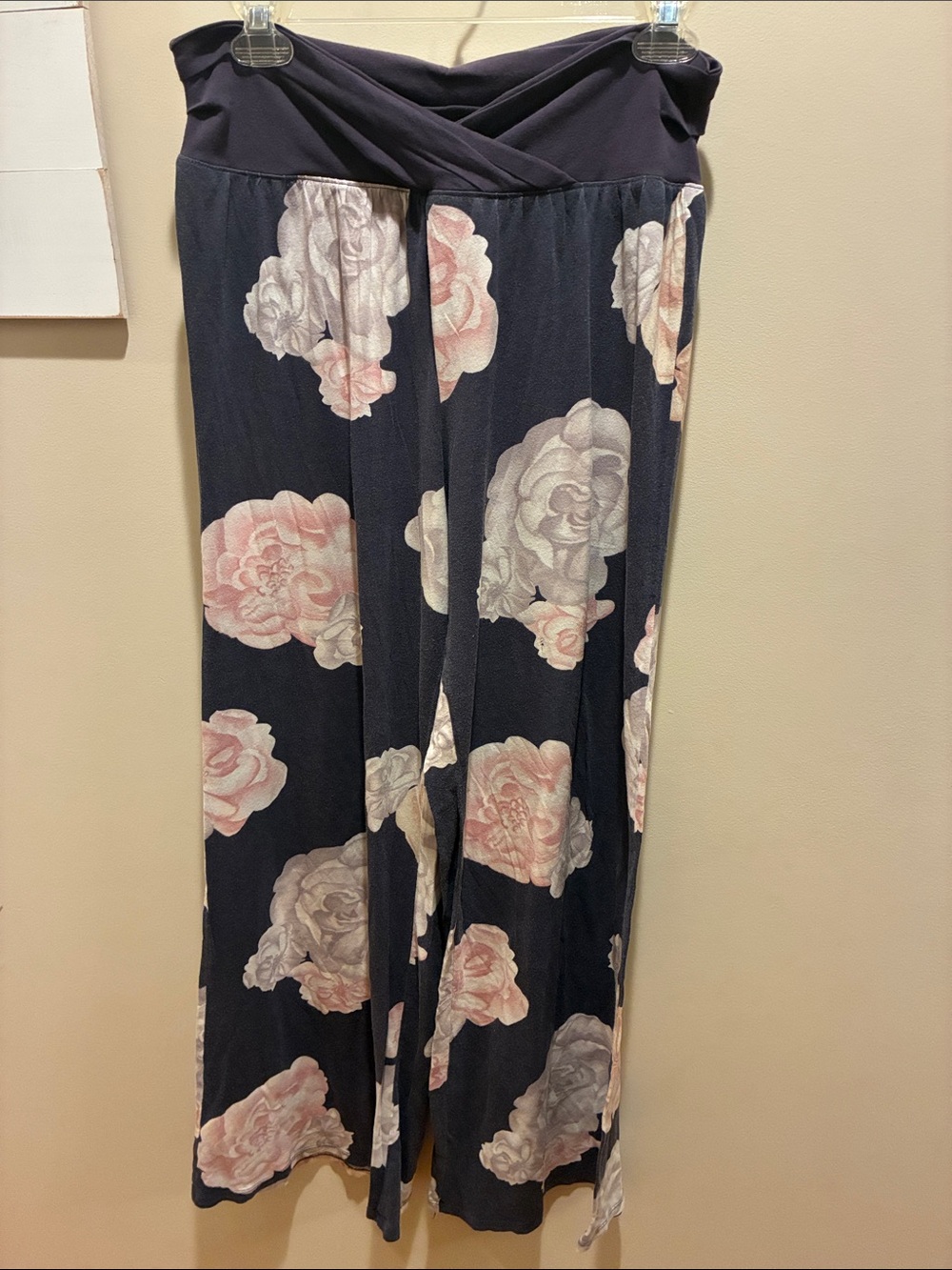 Free People Navy Wide-Leg Floral Palazzo Pants with Pink Roses
